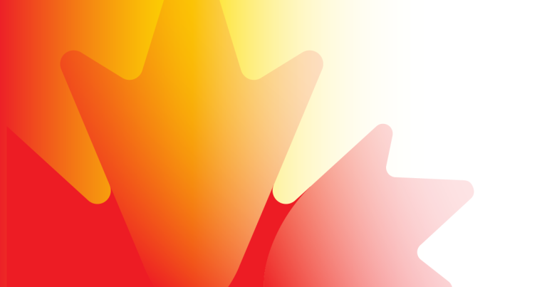 Icon of a maple leaf that takes up two-thirds of the rectangle. The colour gradient goes from red, to yellow, to orange and white.